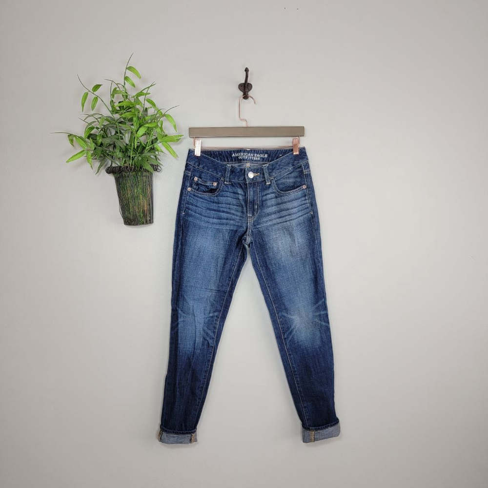 AE 0 American Eagle Boy Fit Boyfriend Crop Jeans Dark Blue Wash Low Rise Relaxed